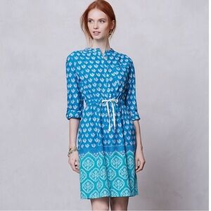 Anthropologie Anila Cotton Turquoise Blue Patterned Long Sleeve Dress Size US 8